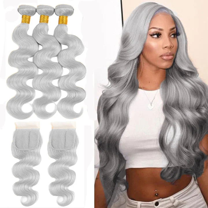Colored wig with a straight texture for a sleek and minimalist lookSilver Grey Body Wave 3 Bundles With 4x4 Lace Closure Remy Brazilian Human Hair Colored wig with a straight texture for a sleek and minimalist lookSilver Grey Body Wave 3 Bundles With 4x4 Lace Closure Remy Brazilian Human Hair