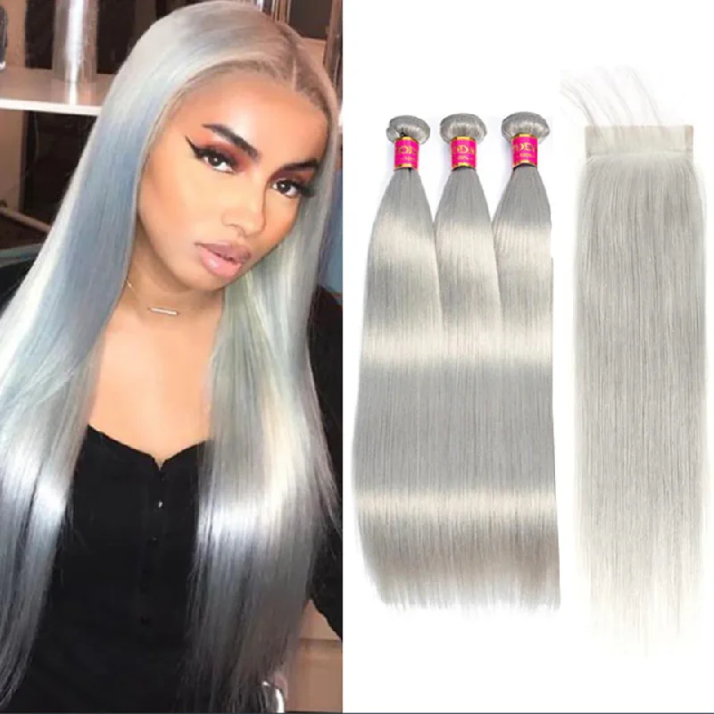 Synthetic colored wig with a heat - resistant formula for easy stylingSilver Grey Straight 3 Bundles With 4x4 Closure 100% Remy Human Hair Synthetic colored wig with a heat - resistant formula for easy stylingSilver Grey Straight 3 Bundles With 4x4 Closure 100% Remy Human Hair