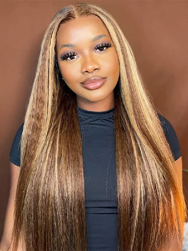 Colored wig with a 150 - density for a full and thick appearanceSimidola 4x4/13x4 Highlight Brown Kinky Straight Pre Plucked Wig