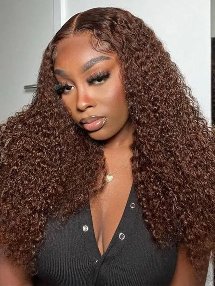 Colored wig with a pre - bleached knot for a natural - looking scalpSimidola 4x4/13x4 Lace Chocolate Brown Long kinky Curly Wig Colored wig with a pre - bleached knot for a natural - looking scalpSimidola 4x4/13x4 Lace Chocolate Brown Long kinky Curly Wig