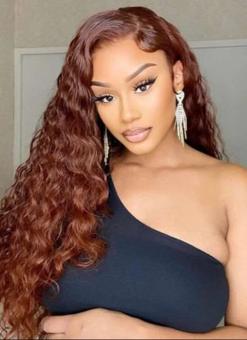 Colored wig with a 150 - density for a full and thick appearanceSimidola Dark Copper Red Water Wave Closure Wig Natural Pre-plucked