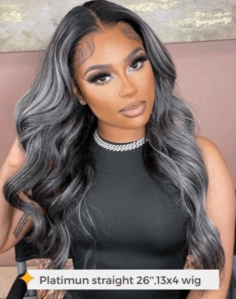 Colored wig with a side - part for a more flattering appearanceSimidola 4x4/13x4 Platinum Gray And Black Straight Highlights Hair Lace Front Wigs Colored wig with a side - part for a more flattering appearanceSimidola 4x4/13x4 Platinum Gray And Black Straight Highlights Hair Lace Front Wigs