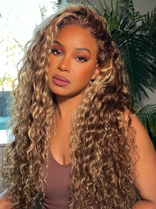 Colored wig with a 150 - density for a full and thick appearanceSimidola Brown Highlight 4x4/13x4 Lace Water Wave Wig Pre-plucked