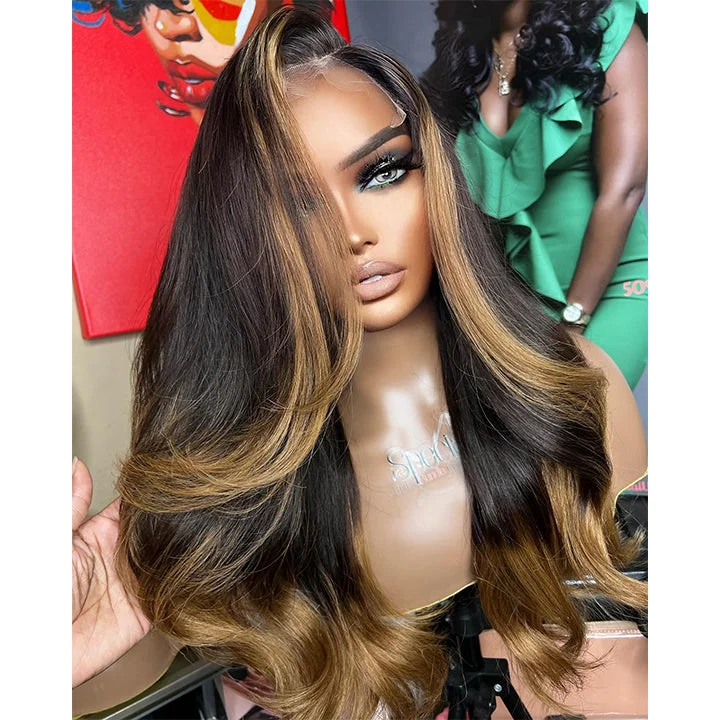 Full - lace wig with a natural - looking hairline for a seamless appearanceSkunk Stripe Ombre Honey Colored Wavy 5x5 Lace Wig Glueless Human Hair Wig Full - lace wig with a natural - looking hairline for a seamless appearanceSkunk Stripe Ombre Honey Colored Wavy 5x5 Lace Wig Glueless Human Hair Wig