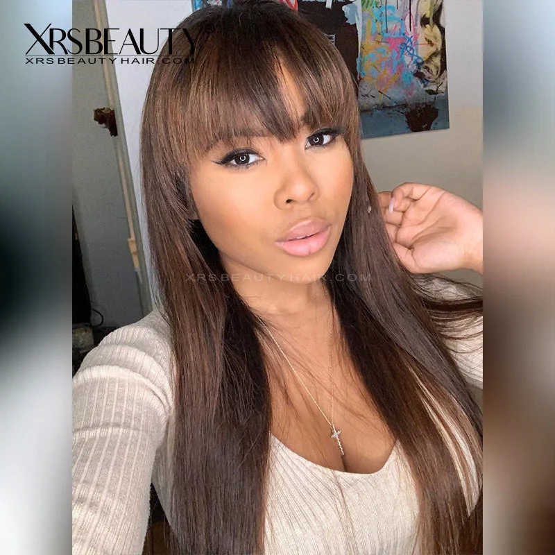 Synthetic colored wig with a heat - resistant formula for easy stylingStraight Chocolate Brown Lace Front Wig With Bangs[CFW60]