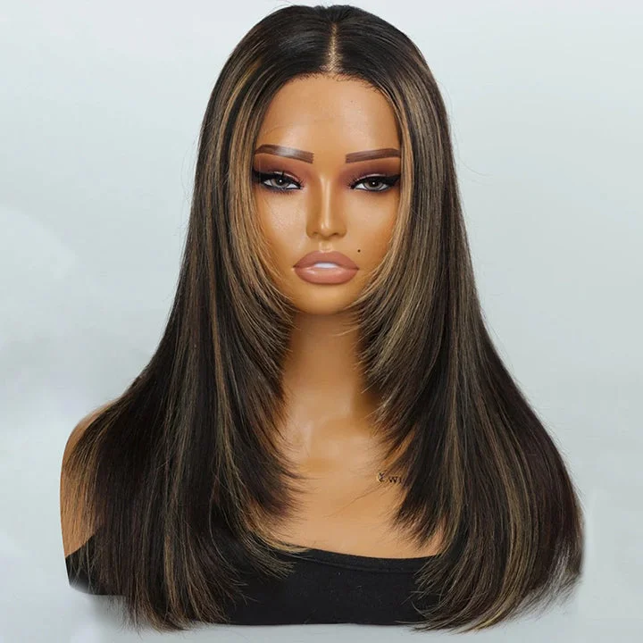 Synthetic lace wig with a heat - resistant formulaStraight Layered Wolf Cut Black Wig with Brown Highlights Glueless HD Lace Synthetic lace wig with a heat - resistant formulaStraight Layered Wolf Cut Black Wig with Brown Highlights Glueless HD Lace