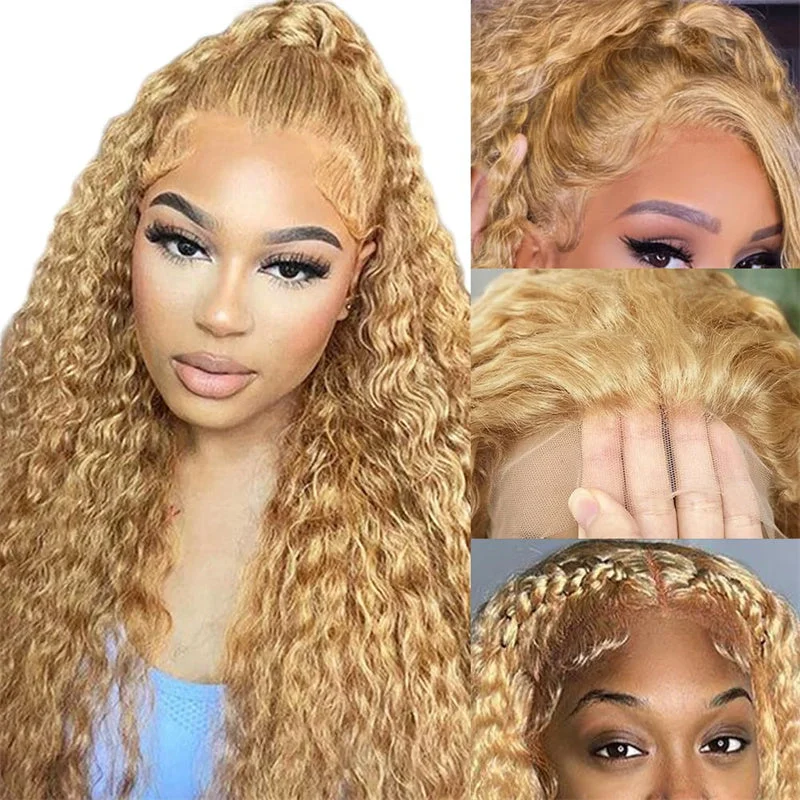Colored wig with a silk - base cap for a comfortable and smooth feelWater Wave Human Hair Wig Honey Blonde 13x4 Transparent Lace Wig Human Hair Wig For Black Women Colored wig with a silk - base cap for a comfortable and smooth feelWater Wave Human Hair Wig Honey Blonde 13x4 Transparent Lace Wig Human Hair Wig For Black Women