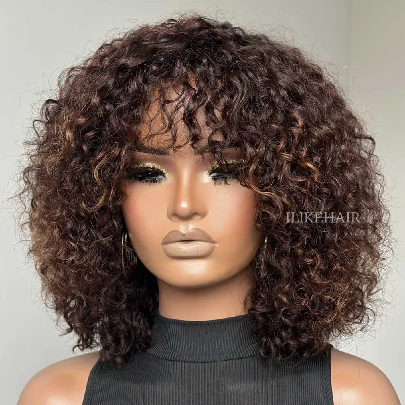 Colored wig with a natural - looking root for a more realistic lookPut on & Go Brown Highlight Curly Bob Wig With Bangs Colored wig with a natural - looking root for a more realistic lookPut on & Go Brown Highlight Curly Bob Wig With Bangs