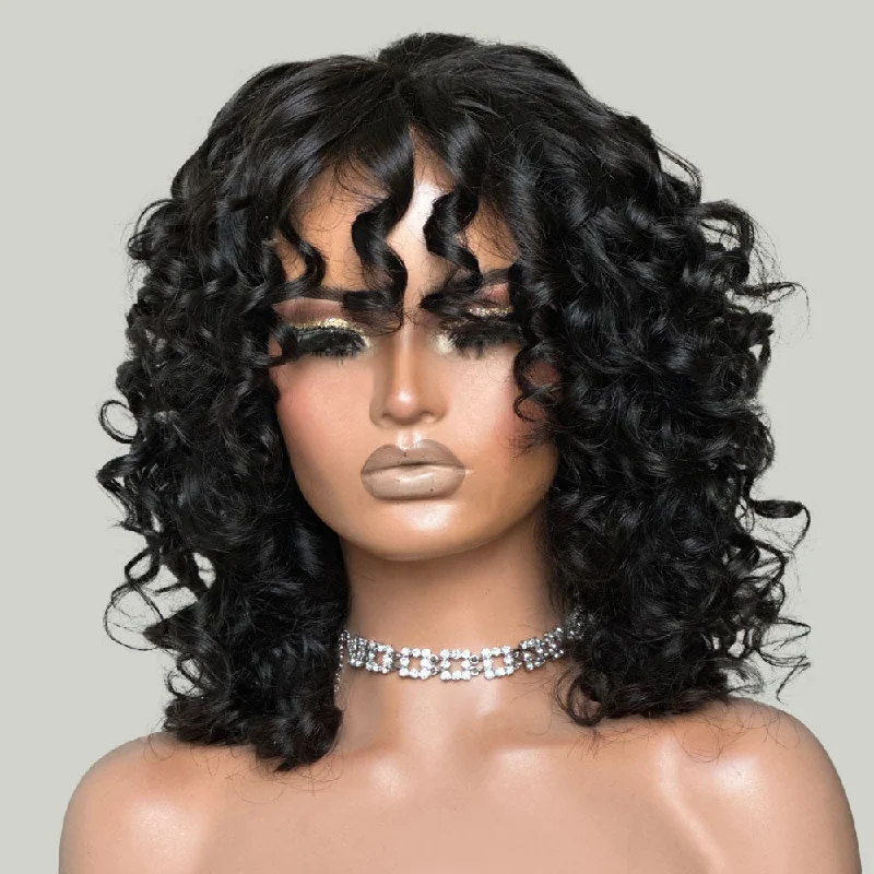 Colored wig in a vibrant pink color for a bold and eye - catching lookPut on & Go Natural Color Bouncy Curly With Bang 5x5 Lace Wig Colored wig in a vibrant pink color for a bold and eye - catching lookPut on & Go Natural Color Bouncy Curly With Bang 5x5 Lace Wig