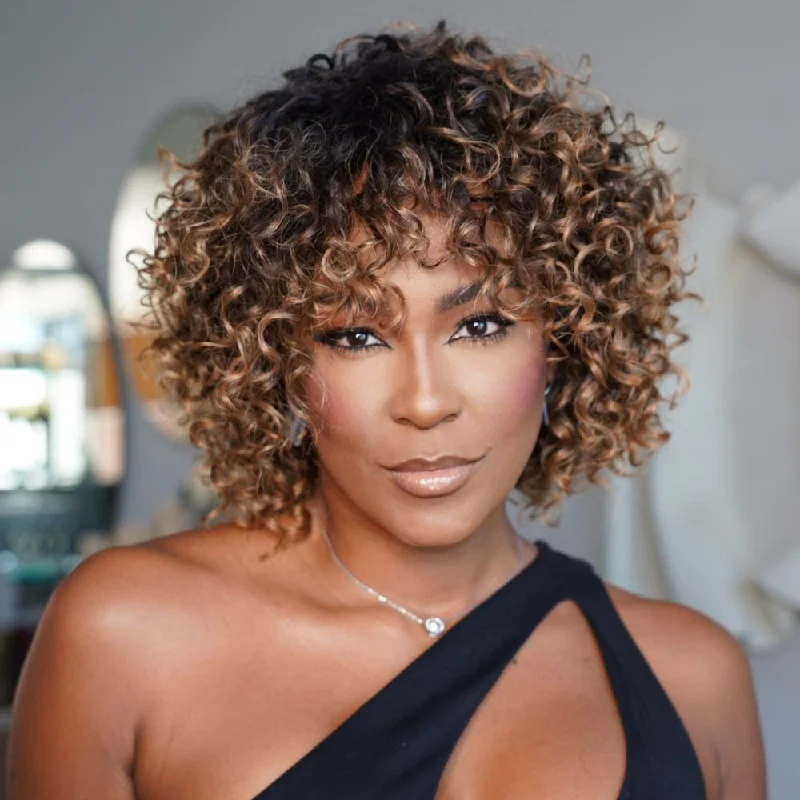 Colored wig with a pre - bleached knot for a natural - looking scalpPut On & Go Short Ombre Dark Golden Blonde Brazilian Curly Wig Colored wig with a pre - bleached knot for a natural - looking scalpPut On & Go Short Ombre Dark Golden Blonde Brazilian Curly Wig