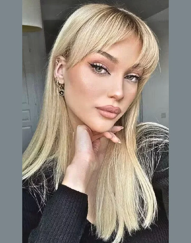Adjustable - cap colored wig for a comfortable fitWindy Ombre Ash Blonde Straight Full Lace Human Hair Wig With Layer Cut Bangs Adjustable - cap colored wig for a comfortable fitWindy Ombre Ash Blonde Straight Full Lace Human Hair Wig With Layer Cut Bangs