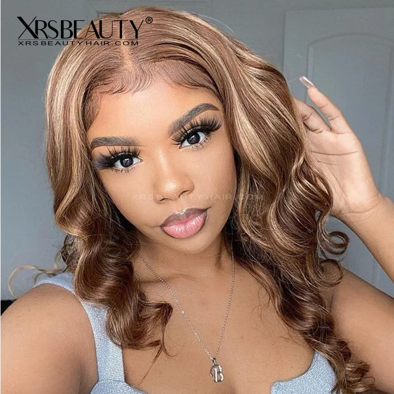 Colored wig with a pre - plucked hairline for a more natural look#4/27 Highlight Ombre Brown Body Wave Lace Front Wigs Pre Plucked Bleached Knots [CFW43]