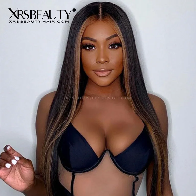 Colored wig with a 150 - density for a full and thick appearanceYahne Money Piece Golden Brown Highlight Lace Front Wig [CFW61]
