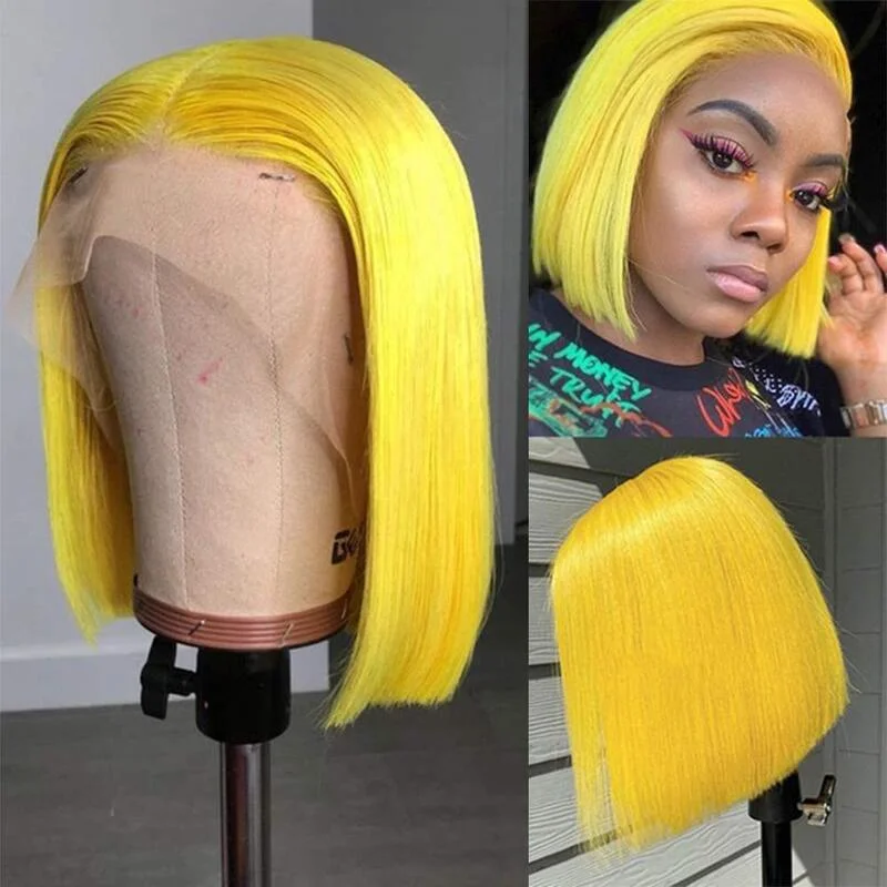 Colored wig with a pre - bleached knot for a natural - looking scalpYellow Colored Bob Wig HD Transparent Lace Front Wig 100% Virgin Human Hair Colored wig with a pre - bleached knot for a natural - looking scalpYellow Colored Bob Wig HD Transparent Lace Front Wig 100% Virgin Human Hair