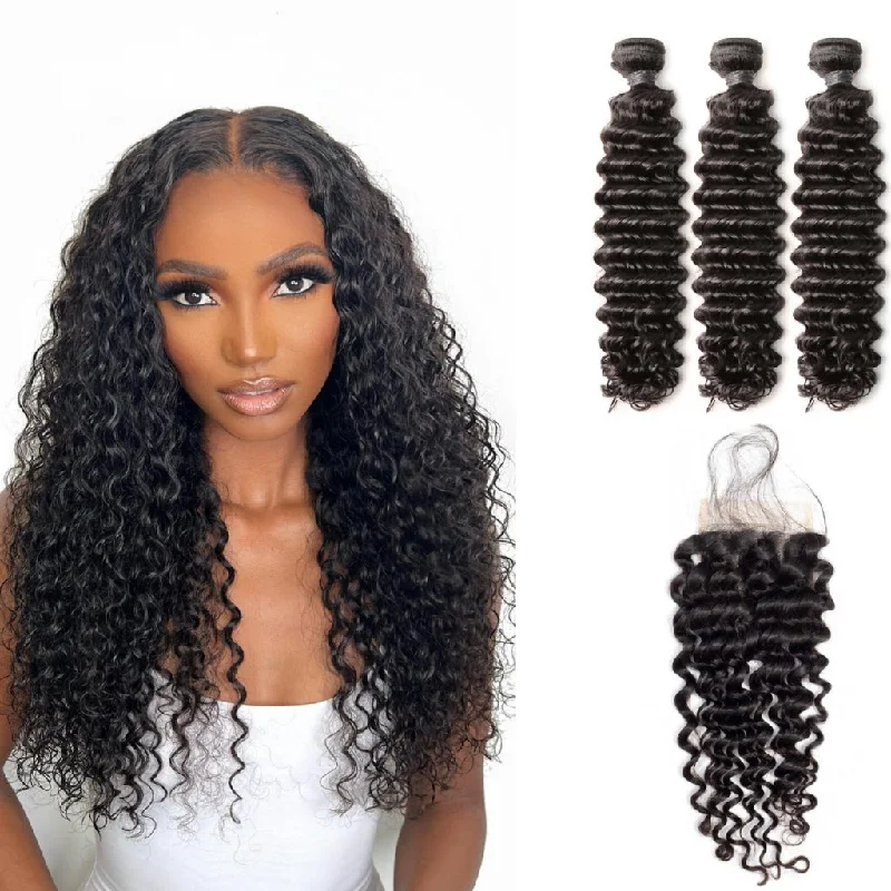 Wavy wig with a natural - looking root for a more realistic look10A Brazilian Deep Wave 3 Bundles With Lace Closure Deal Wavy wig with a natural - looking root for a more realistic look10A Brazilian Deep Wave 3 Bundles With Lace Closure Deal