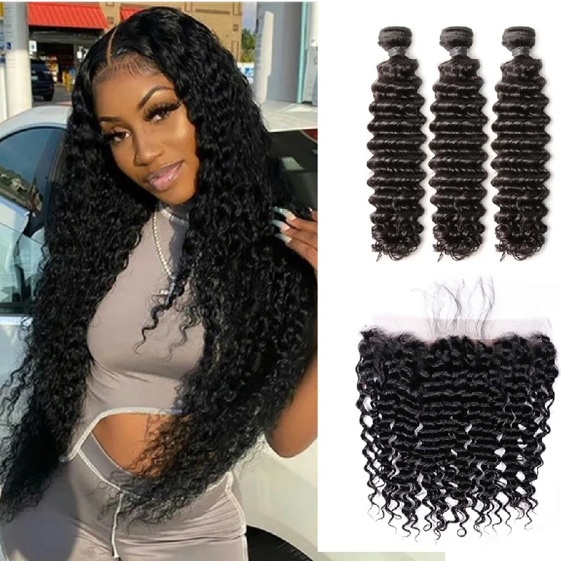 Body - wave wig with a full and voluminous look10A Brazilian Deep Wave 3 Bundles With Lace Frontal Body - wave wig with a full and voluminous look10A Brazilian Deep Wave 3 Bundles With Lace Frontal
