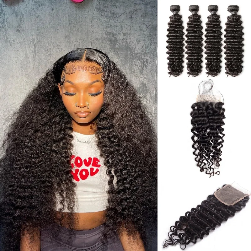 Virgin - human - hair wavy wig for the highest quality10A Brazilian Deep Wave 4 Bundles With Lace Closure Deal Virgin - human - hair wavy wig for the highest quality10A Brazilian Deep Wave 4 Bundles With Lace Closure Deal