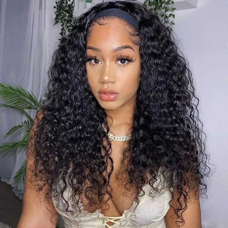 Wavy wig with a water - wave texture for a unique and stylish choice10A Brazilian Deep Wave Curly Headband Wig Human Hair Glueless Wigs