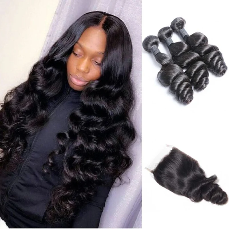 Wavy wig with a pre - bleached knot for a natural - looking scalp10A Brazilian Loose Wave 3 Bundles With Lace Closure Deal Wavy wig with a pre - bleached knot for a natural - looking scalp10A Brazilian Loose Wave 3 Bundles With Lace Closure Deal