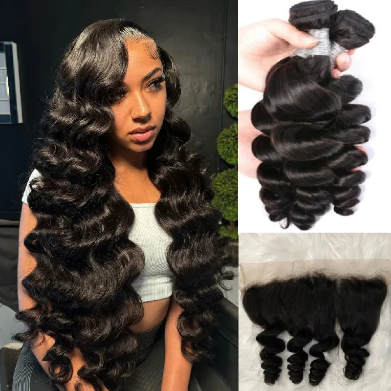 Wavy wig with auburn undertones for a unique and eye - catching color10A Brazilian Loose Wave 3 Bundles With Lace Frontal Wavy wig with auburn undertones for a unique and eye - catching color10A Brazilian Loose Wave 3 Bundles With Lace Frontal