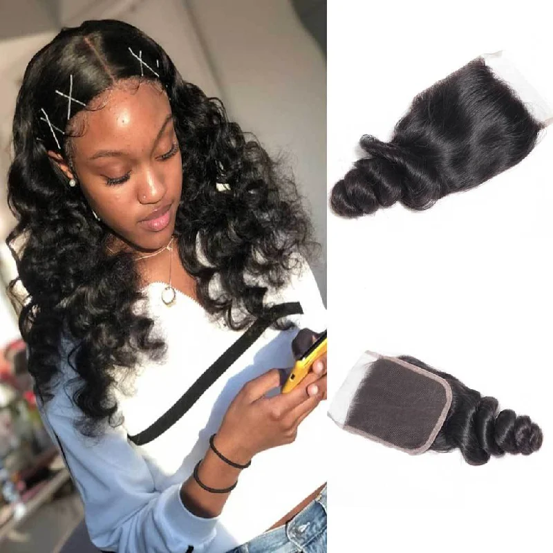 Long - length wavy wig with loose waves for a glamorous look10A Brazilian Loose Wave Lace Closure Long - length wavy wig with loose waves for a glamorous look10A Brazilian Loose Wave Lace Closure