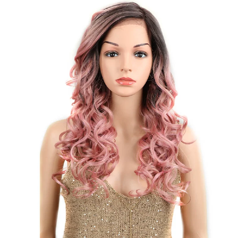Wavy wig with a pre - bleached knot for a natural - looking scalp22 Inch Wave Curls Pink Synthetic Lace Front Wigs | NOBLE Betty Wavy wig with a pre - bleached knot for a natural - looking scalp22 Inch Wave Curls Pink Synthetic Lace Front Wigs | NOBLE Betty