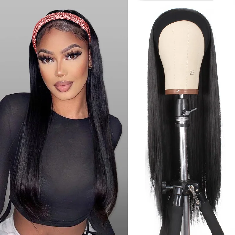 Child - friendly braided wigs with a soft and gentle feelBlack Long Straight Headband Wig
