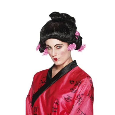 Long - length wig with a honey - blonde color for a warm and sunny appearanceGeisha Girl Wig with Pink Flowers Long - length wig with a honey - blonde color for a warm and sunny appearanceGeisha Girl Wig with Pink Flowers