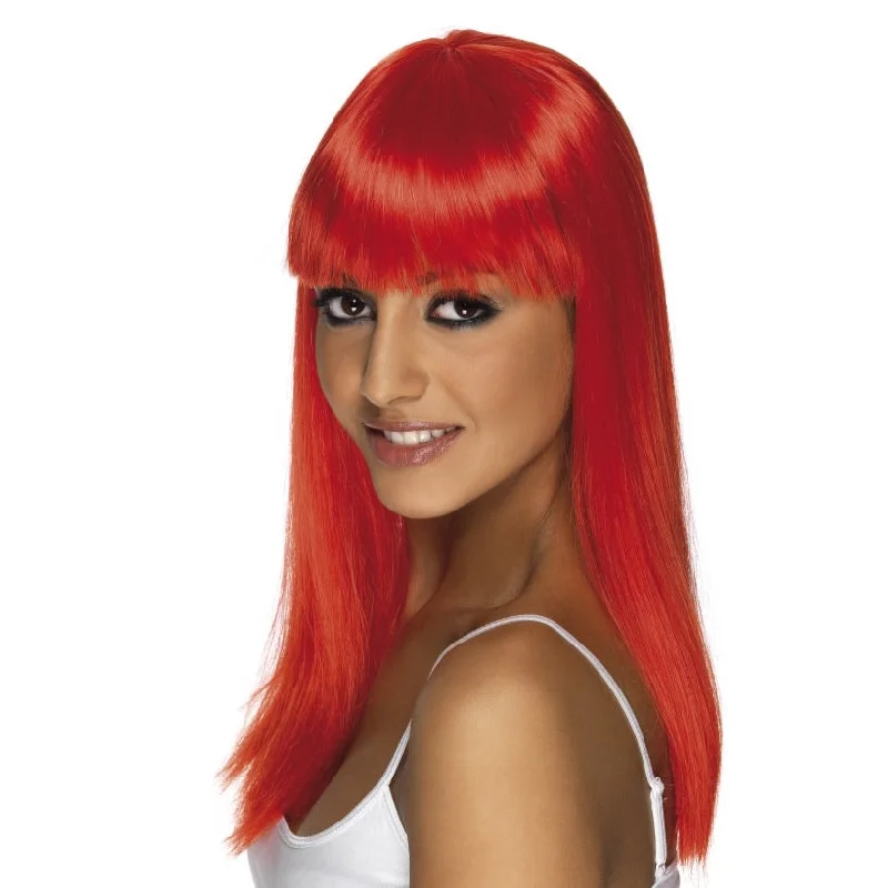 Synthetic long - length wig with a natural - looking textureGlamourama Neon Red Wig