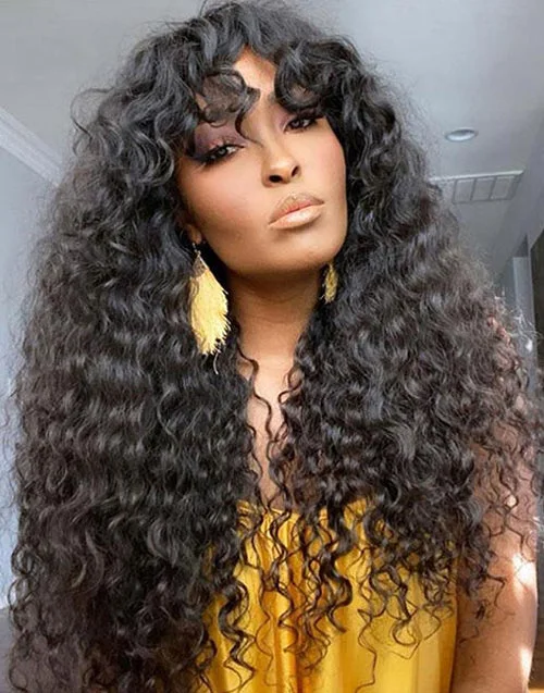 Wavy wig with a natural - looking root for a more realistic lookGlueless Deep Curly 13x4 Lace Front Wig With Bangs Crystal HD Lace Human Hair Wig Wavy wig with a natural - looking root for a more realistic lookGlueless Deep Curly 13x4 Lace Front Wig With Bangs Crystal HD Lace Human Hair Wig