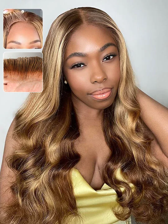 Kinky braided wigs with a tight curl pattern for authenticity[Influencer] 24inch Highlight Wig 3D Body Wave Bleached Knots With Elastic Band