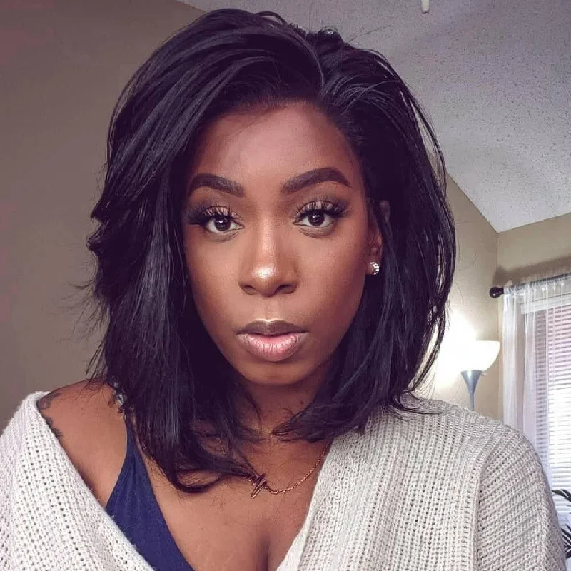 Long - length braided wigs for a glamorous and voluminous style[KIE]-Light Yaki Bob Glueless 13X6 Lace Front Wigs Indian Virgin Hair