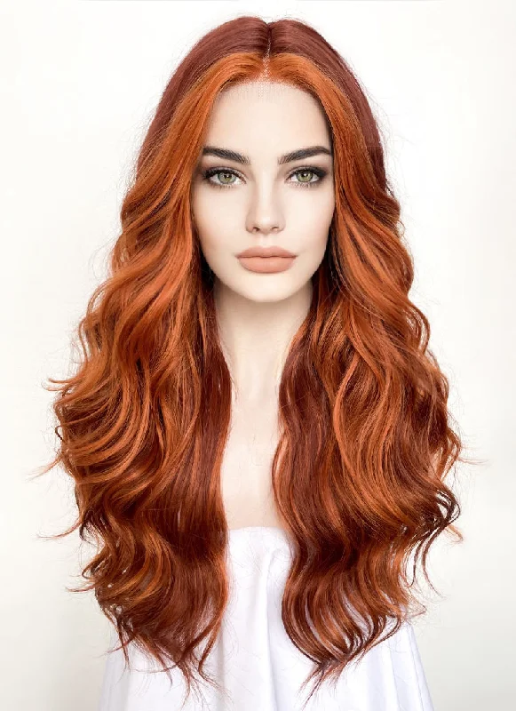 Long - length wig with a 220 - density for an extra - full appearanceOrange Mixed Auburn Wavy Lace Front Synthetic Wig LF3284 Long - length wig with a 220 - density for an extra - full appearanceOrange Mixed Auburn Wavy Lace Front Synthetic Wig LF3284