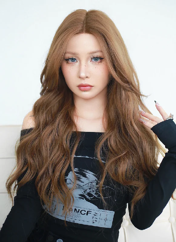 Long - length wig with a side - part for a more flattering lookBrown Curtain Bangs Wavy Lace Front Synthetic Wig LF3294 Long - length wig with a side - part for a more flattering lookBrown Curtain Bangs Wavy Lace Front Synthetic Wig LF3294
