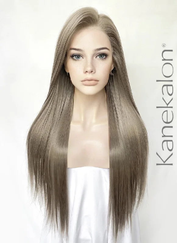 Long - length wig with a wavy texture for a beachy and romantic lookLinen Ash Grey Straight Lace Front Kanekalon Synthetic Wig LF3326 Long - length wig with a wavy texture for a beachy and romantic lookLinen Ash Grey Straight Lace Front Kanekalon Synthetic Wig LF3326