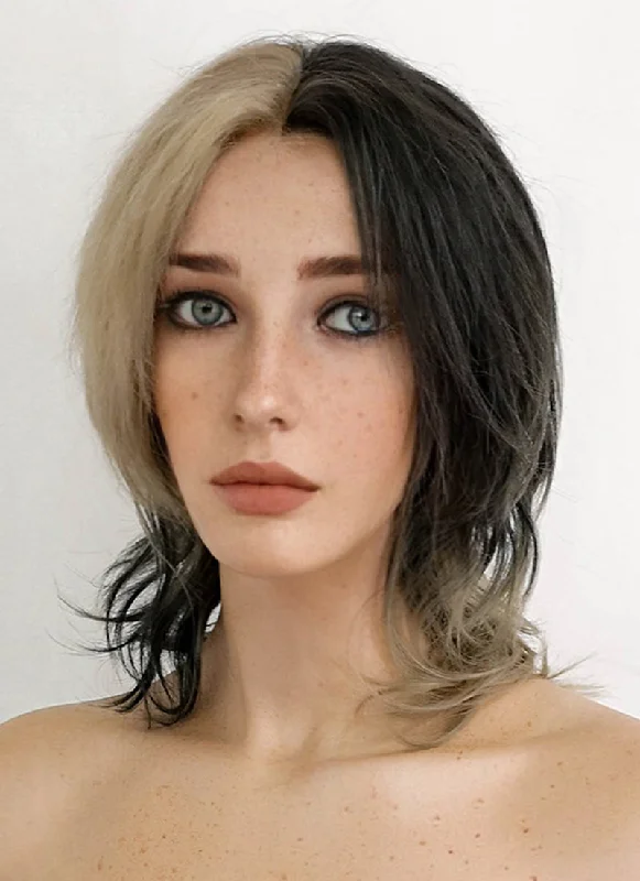 Long - length wig with a curly fringe for a playful and youthful vibeBlonde Black Split Gemini Color Wavy Lace Front Synthetic Wig LF5104A Long - length wig with a curly fringe for a playful and youthful vibeBlonde Black Split Gemini Color Wavy Lace Front Synthetic Wig LF5104A