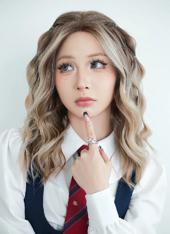 Adjustable - cap long - length wig for a comfortable fitBalayage Blonde Highlights Money Piece Wavy Lace Front Synthetic Wig LF6001 Adjustable - cap long - length wig for a comfortable fitBalayage Blonde Highlights Money Piece Wavy Lace Front Synthetic Wig LF6001