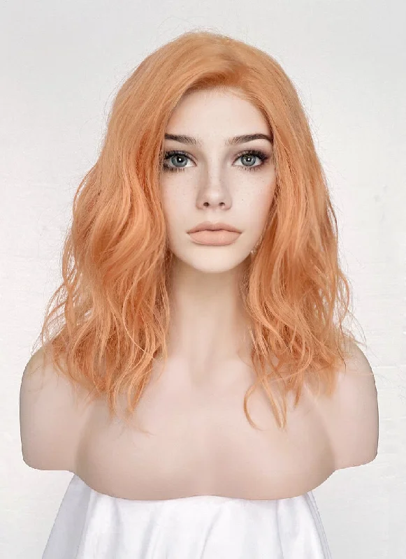Long - length wig with a platinum - blonde color for a bold and trendy lookPastel Peach Pink Wavy Lace Front Synthetic Wig LF6002 Long - length wig with a platinum - blonde color for a bold and trendy lookPastel Peach Pink Wavy Lace Front Synthetic Wig LF6002