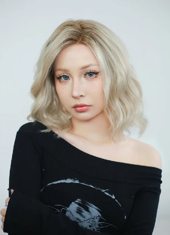 Long - length wig in a jet - black color for a classic appearanceAsh Blonde With Brown Roots Wavy Lace Front Synthetic Wig LF6006 Long - length wig in a jet - black color for a classic appearanceAsh Blonde With Brown Roots Wavy Lace Front Synthetic Wig LF6006