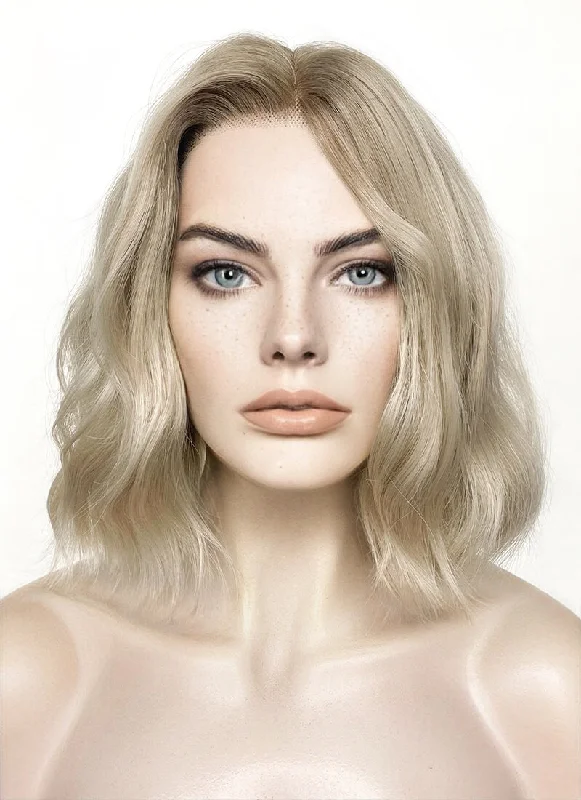 Long - length wig with a wispy fringe for a soft and feminine lookSpider-Man: Across the SpiderVerse Gwen Stacy Ash Blonde With Brown Roots Wavy Lace Front Synthetic Wig LF6026