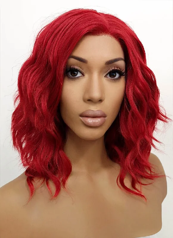 Long - length wig with a pre - plucked hairline for a more natural lookRed Wavy Lace Front Synthetic Wig LFB408