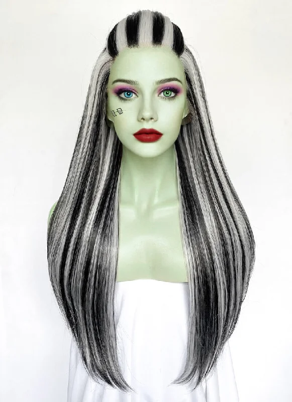Long - length wig with a pre - plucked hairline for a more natural lookMonster High Frankie Stein Black With Silver Grey Highlights Straight Lace Front Synthetic Wig LW4030 Long - length wig with a pre - plucked hairline for a more natural lookMonster High Frankie Stein Black With Silver Grey Highlights Straight Lace Front Synthetic Wig LW4030