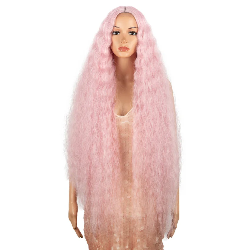 Wavy wig with a wavy bang for a trendy and modern styleNOBLE Synthetic Lace Front Wig | 41 Inch Curly Wavy Lace Front Middle Part Wig HD Lace Wig | Light Pink Bohemian Wig Wavy wig with a wavy bang for a trendy and modern styleNOBLE Synthetic Lace Front Wig | 41 Inch Curly Wavy Lace Front Middle Part Wig HD Lace Wig | Light Pink Bohemian Wig