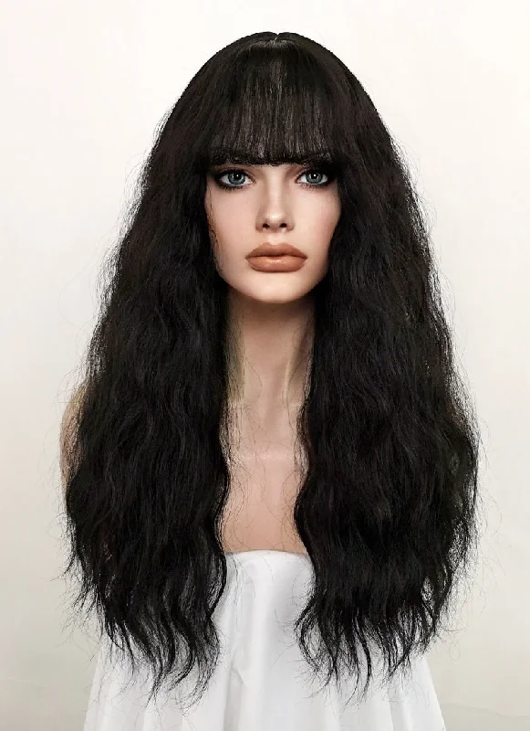 Long - length wig with a platinum - blonde color for a bold and trendy lookBlack Wavy Synthetic Wig NS347 Long - length wig with a platinum - blonde color for a bold and trendy lookBlack Wavy Synthetic Wig NS347