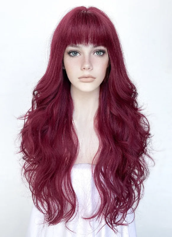 Long - length wig with a silk - base cap for a comfortable and smooth feelReddish Purple Wavy Synthetic Hair Wig NS423 Long - length wig with a silk - base cap for a comfortable and smooth feelReddish Purple Wavy Synthetic Hair Wig NS423