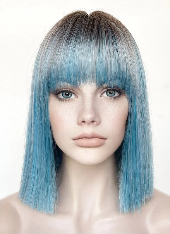 Synthetic long - length wig with a natural - looking textureBlue With Dark Roots Straight Bob Synthetic Hair Wig NS487 Synthetic long - length wig with a natural - looking textureBlue With Dark Roots Straight Bob Synthetic Hair Wig NS487