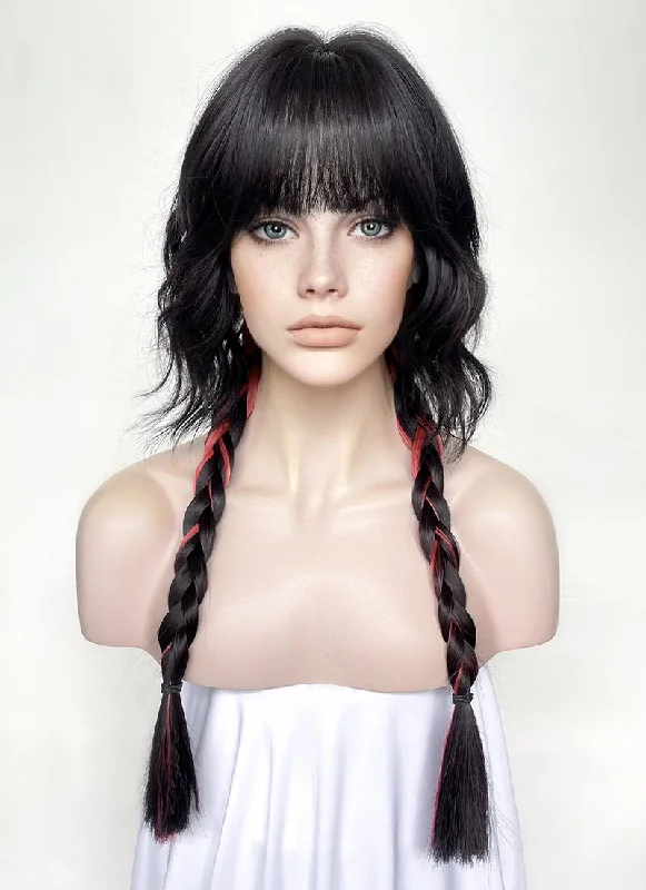 Long - length wig with a middle - part for a classic and elegant styleNatural Black Mixed Red Wavy Synthetic Hair Wig NS490