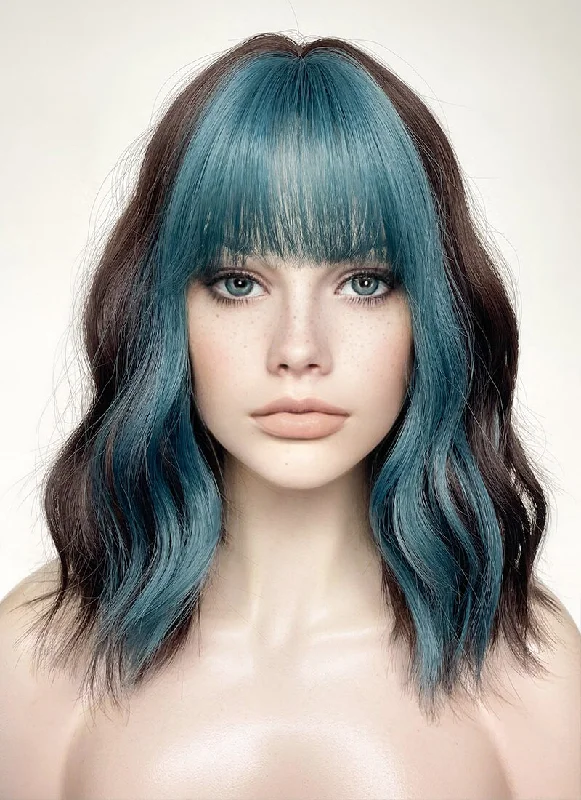 Long - length wig with a pre - bleached knot for a natural - looking scalpBlue Mixed Brunette Wavy Synthetic Hair Wig NS491 Long - length wig with a pre - bleached knot for a natural - looking scalpBlue Mixed Brunette Wavy Synthetic Hair Wig NS491