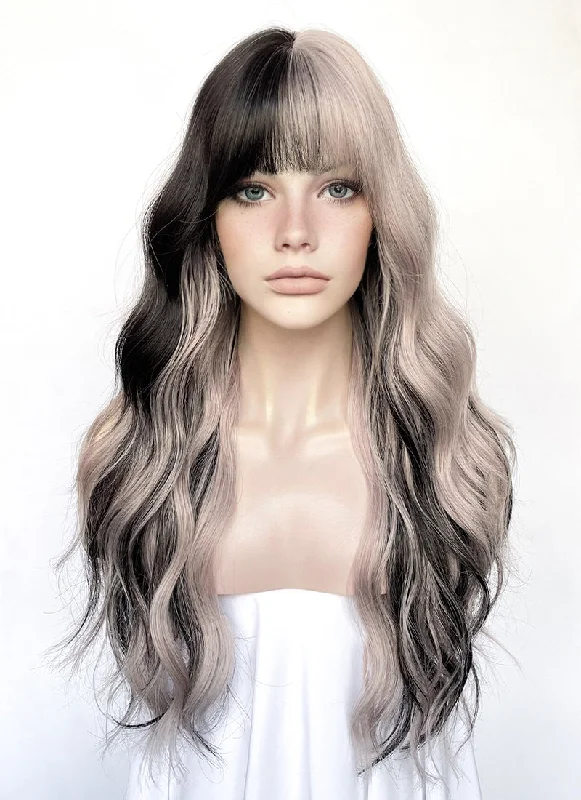 Adjustable - cap long - length wig for a comfortable fitAsh Pinkish Blonde Mixed Black Wavy Synthetic Hair Wig NS521 Adjustable - cap long - length wig for a comfortable fitAsh Pinkish Blonde Mixed Black Wavy Synthetic Hair Wig NS521