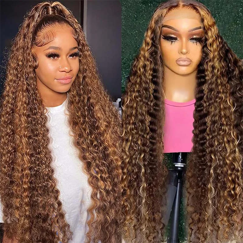 Wavy wig with a side - part for a more flattering lookHoney Blonde Highlight Wig Deep Wave Highlight Lace Wig 4x4 Lace Closure Wig Wavy wig with a side - part for a more flattering lookHoney Blonde Highlight Wig Deep Wave Highlight Lace Wig 4x4 Lace Closure Wig